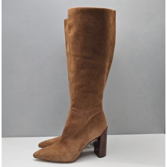 Vince Pilar Knee High Boot Women 9.5 WIDE CALF Amber Brown Suede Block Heel Fall - Picture 16 of 16